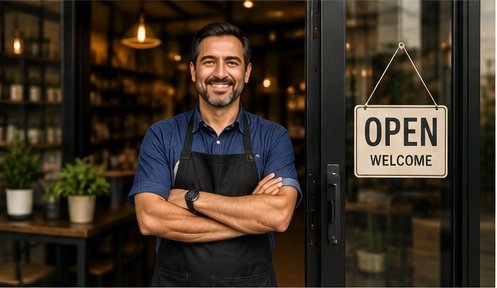 Small business owner welcoming customers