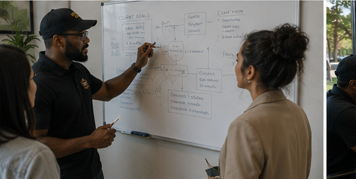 IINTEKKU representative explaining strategy on whiteboard to clients